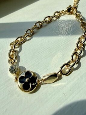 NEW! 14k Gold Plated Chain Bracelet with Black Flower Accent and Crystal